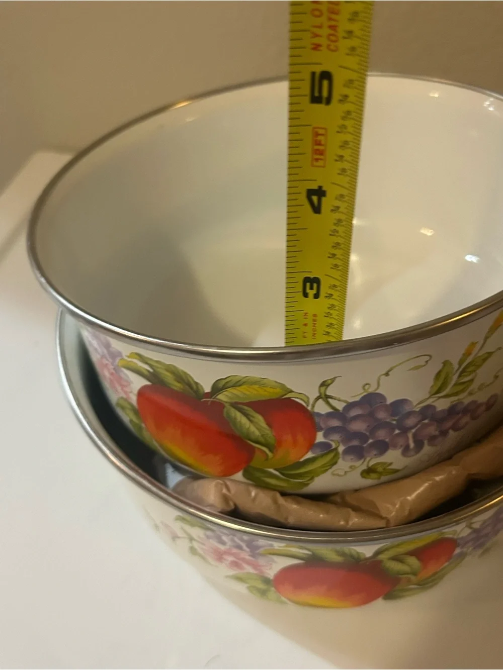 White Fruit-Pattern Enamel Mixing Bowls - Set of 2